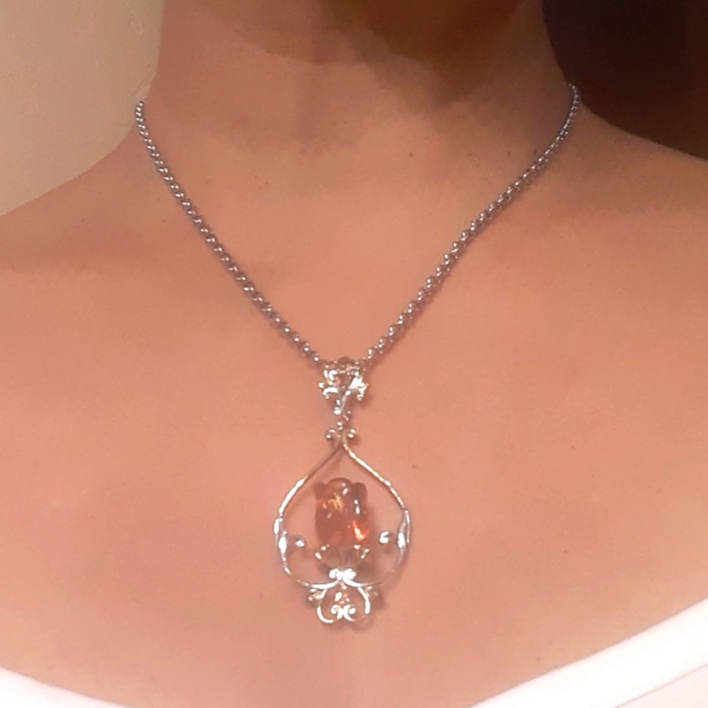 925 Genuine Carved Amber Rose/Tulip, Genuine Gemstone,  Enhancer. UNIQUE